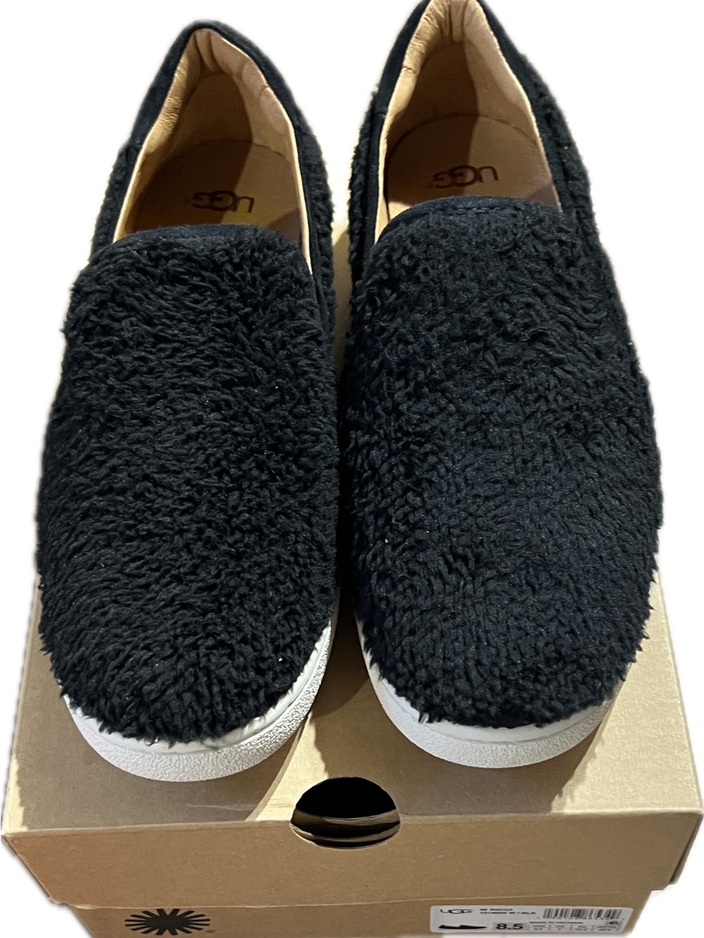 UGG Black Fuzzy Slip-On Sneakers with White Sole - Picture 2 of 5